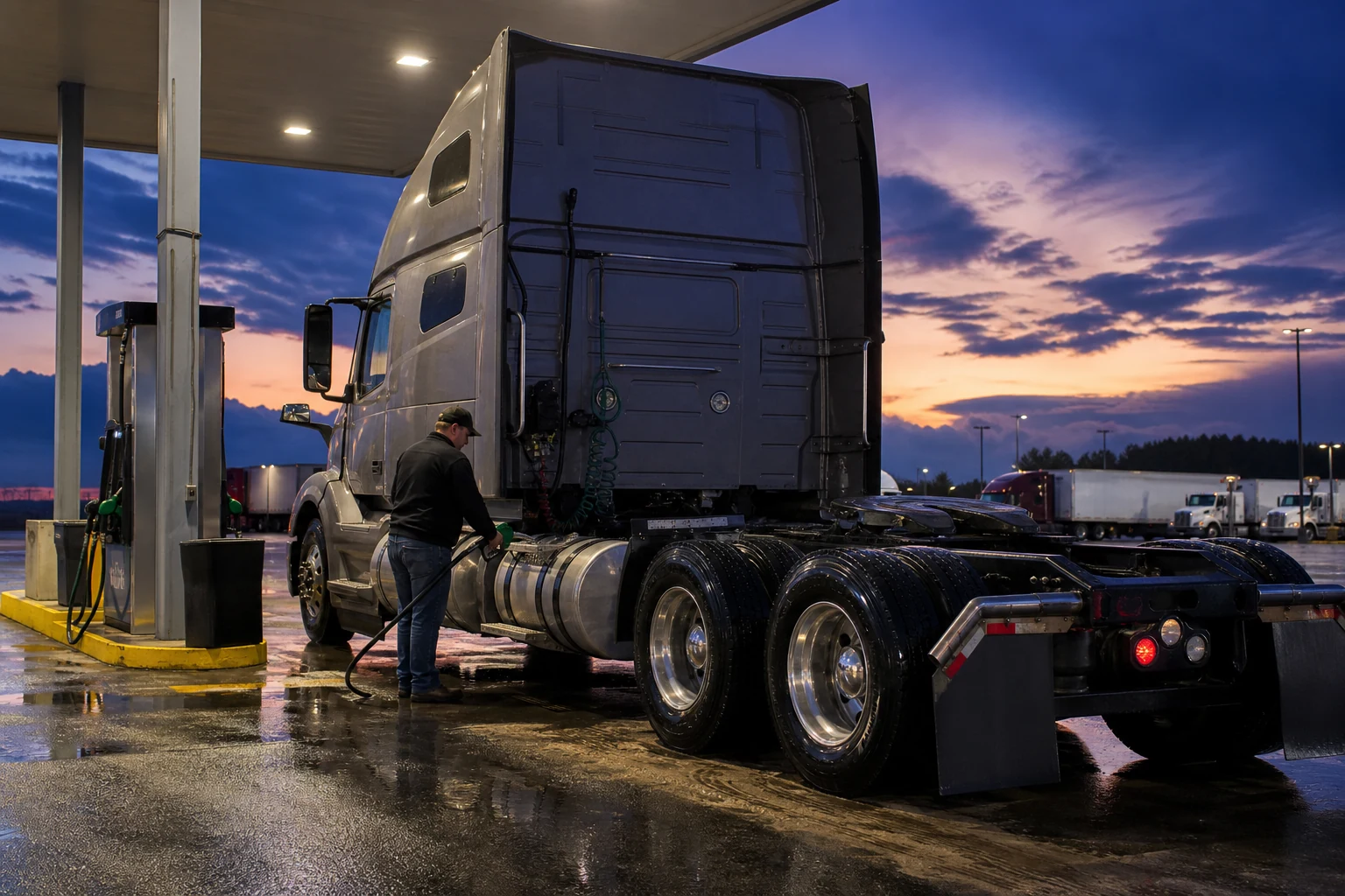 Semi-truck refueling with diesel at an American truck stop.