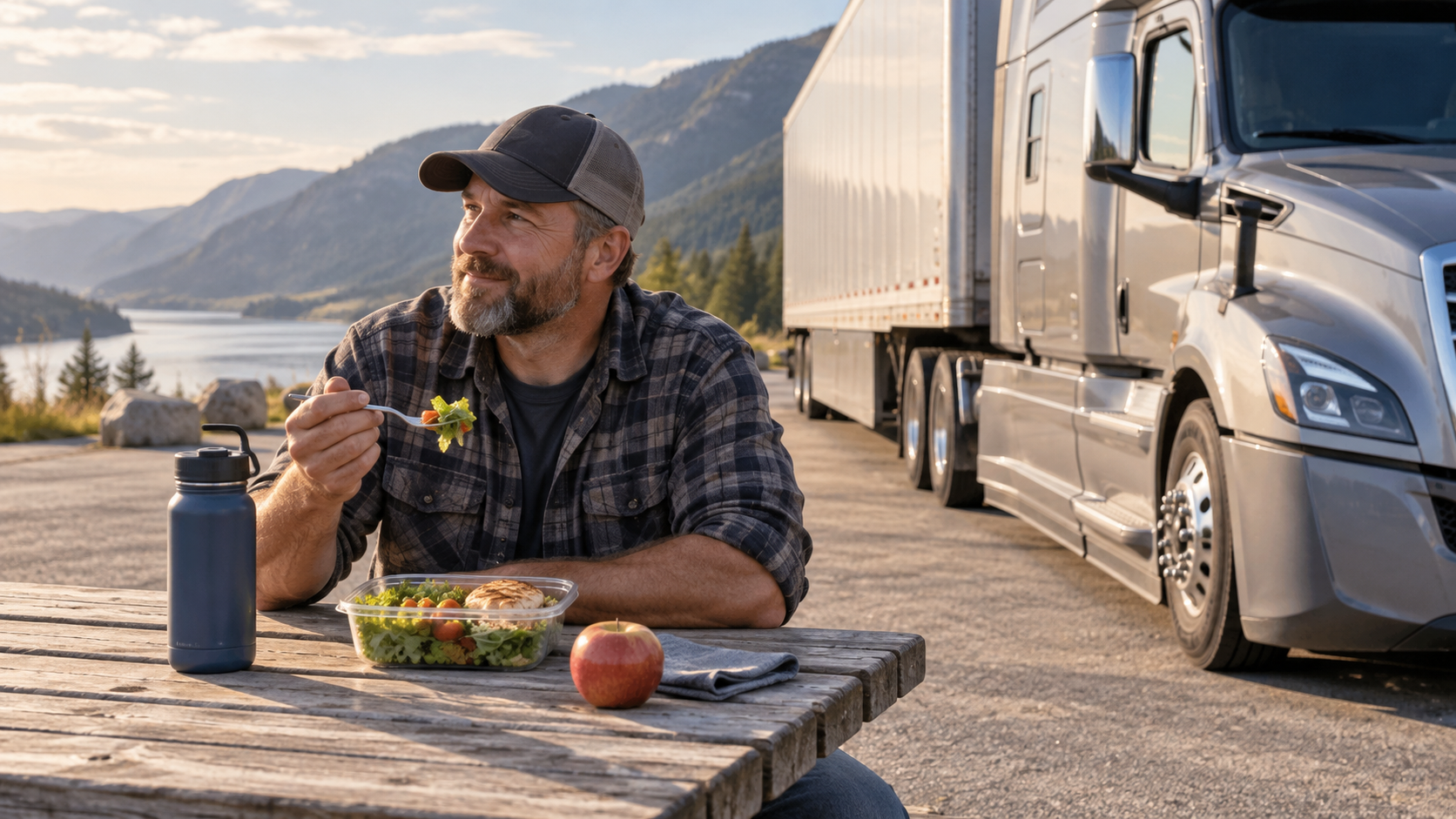 Truck driver enjoying a healthy meal during a rest break.